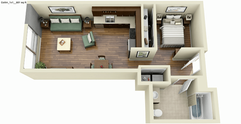 Floor plan for 1 bed, 1 bath, 1008 sqft